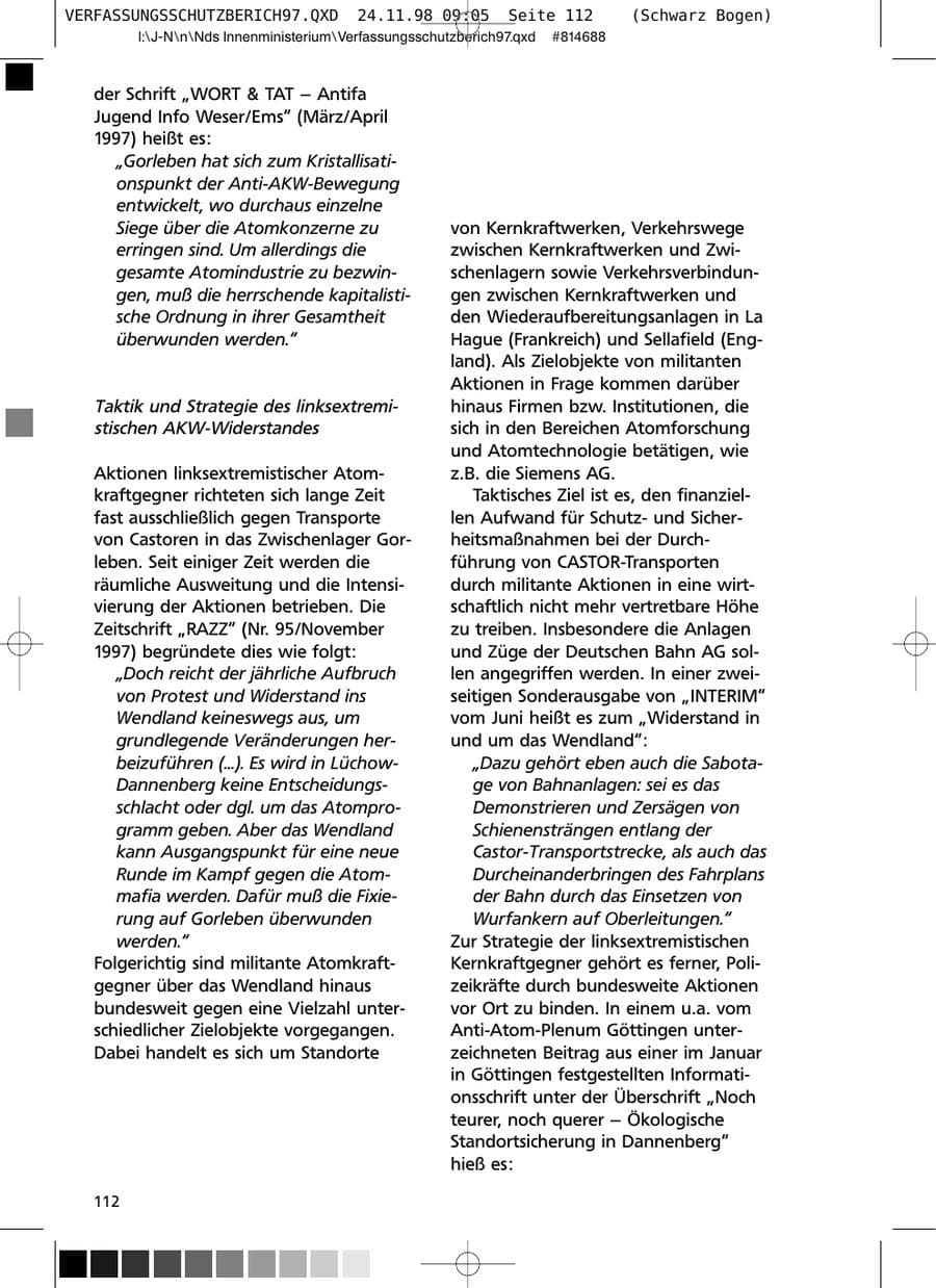 Seite 112 des Verfassungsschutzbericht 1997 Niedersachsen