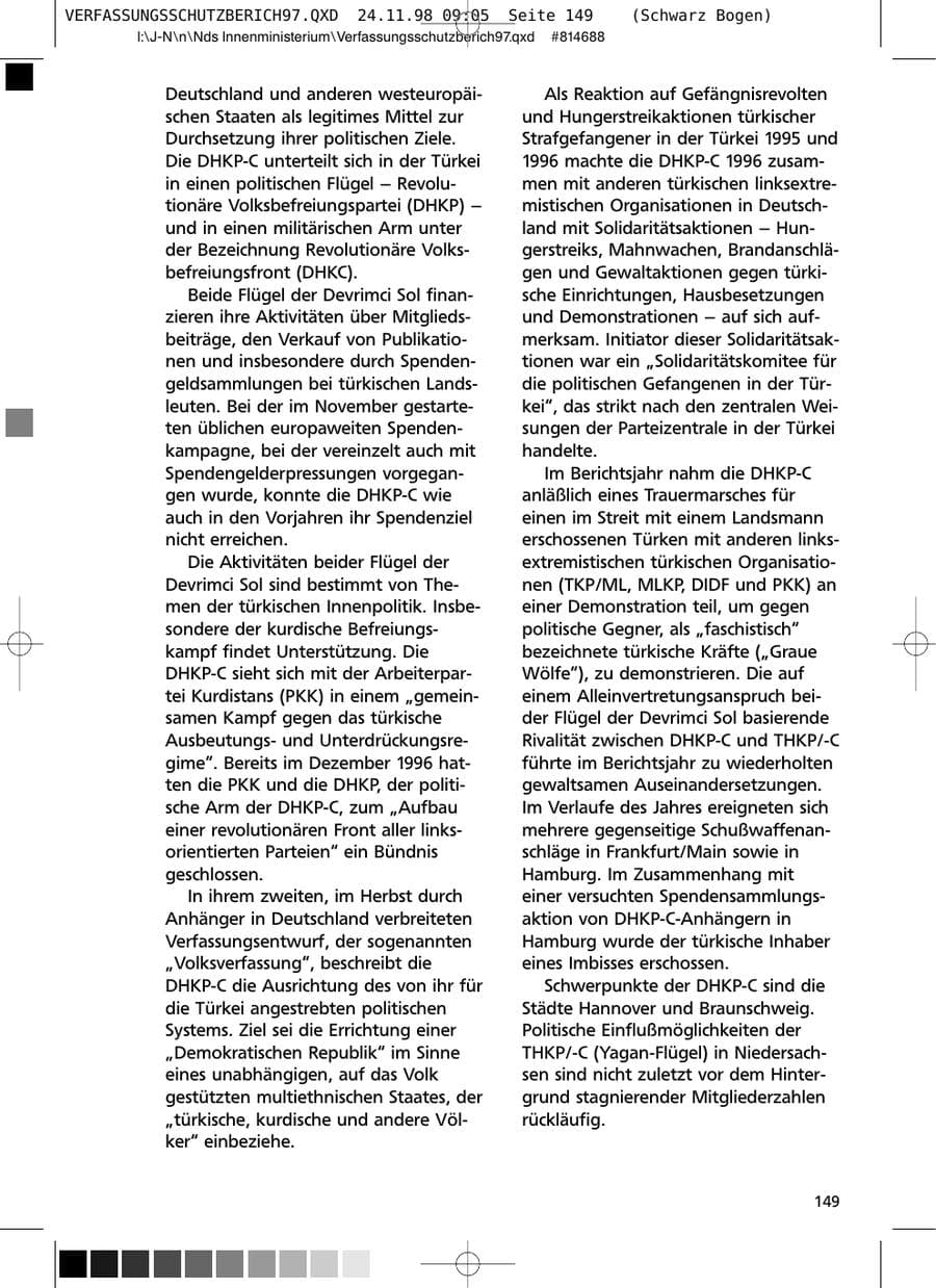 Seite 149 des Verfassungsschutzbericht 1997 Niedersachsen