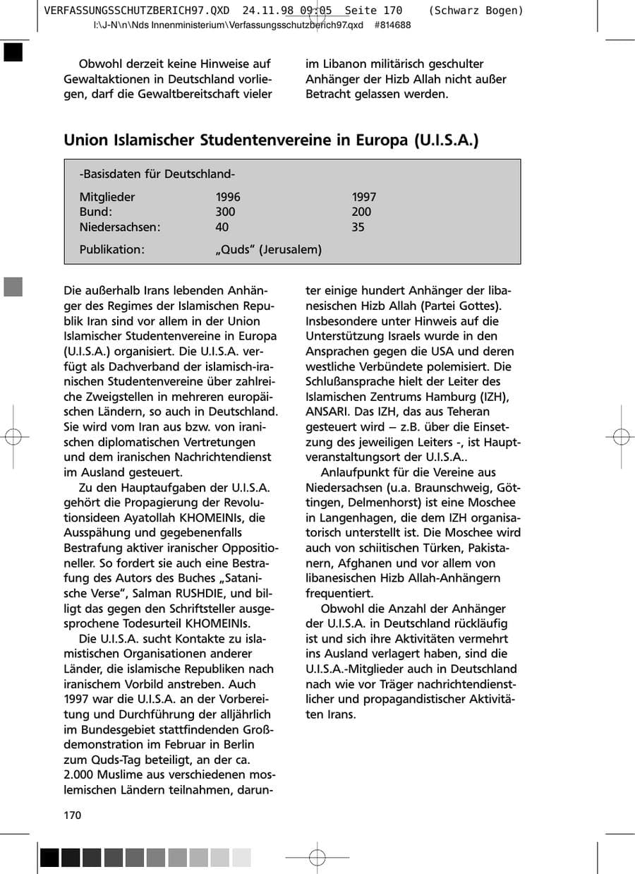 Seite 170 des Verfassungsschutzbericht 1997 Niedersachsen