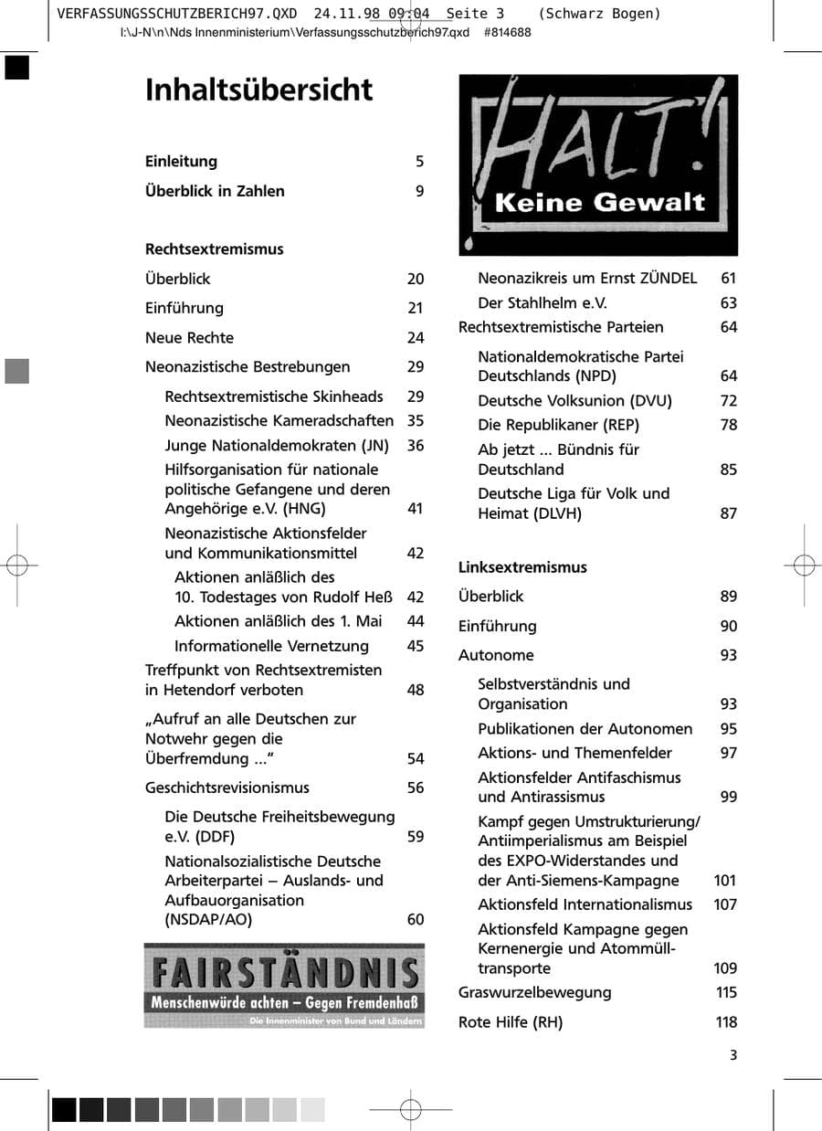 Seite 3 des Verfassungsschutzbericht 1997 Niedersachsen