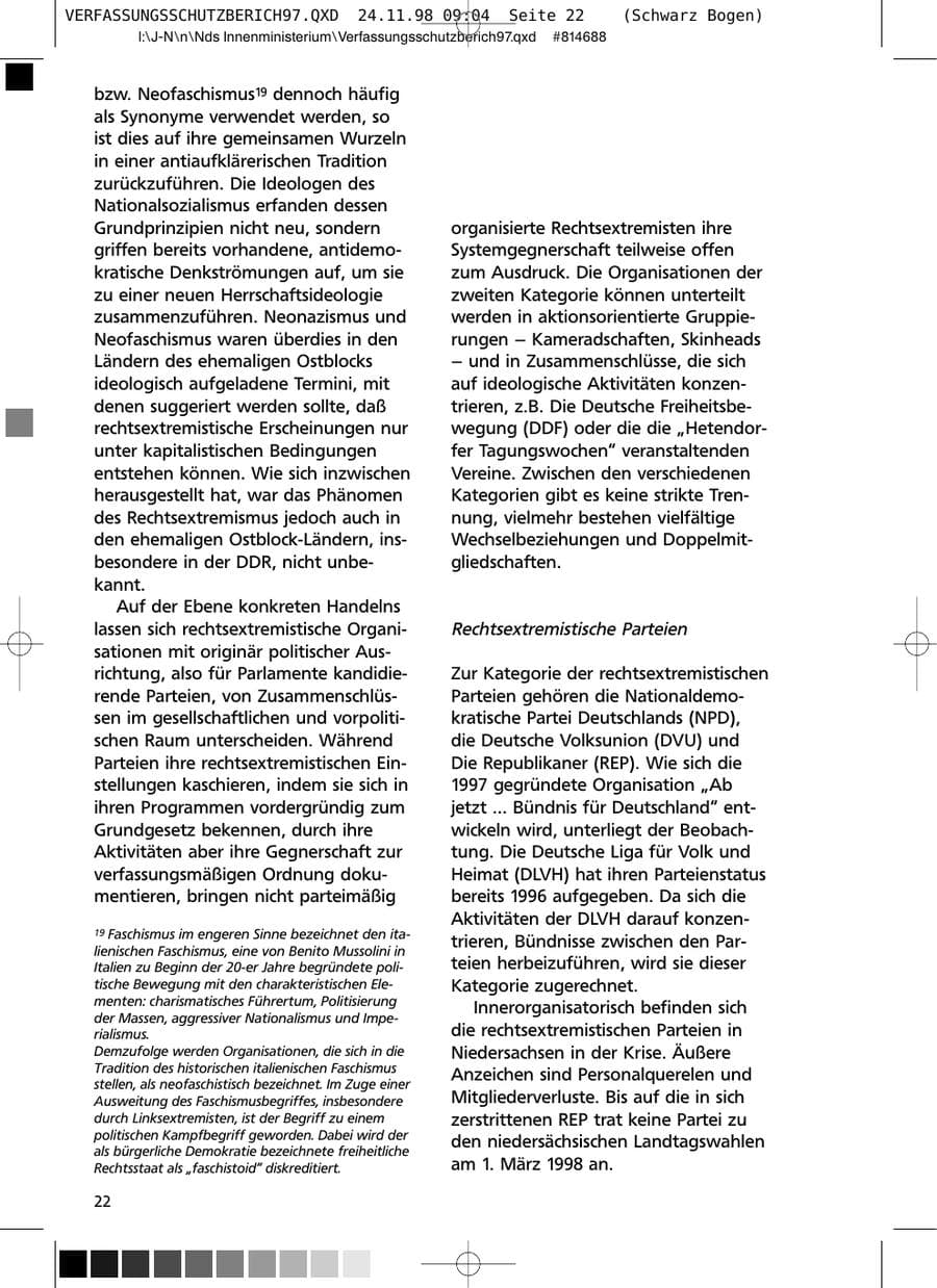 Seite 22 des Verfassungsschutzbericht 1997 Niedersachsen