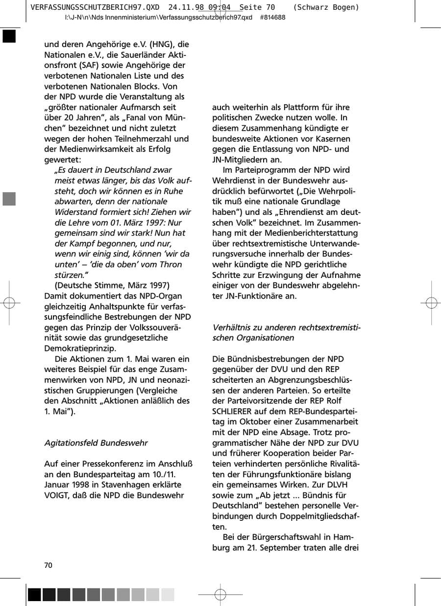 Seite 70 des Verfassungsschutzbericht 1997 Niedersachsen