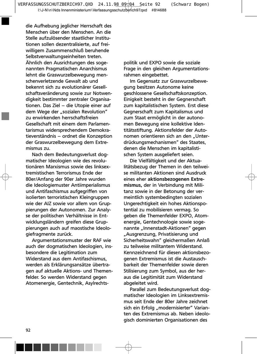 Seite 92 des Verfassungsschutzbericht 1997 Niedersachsen