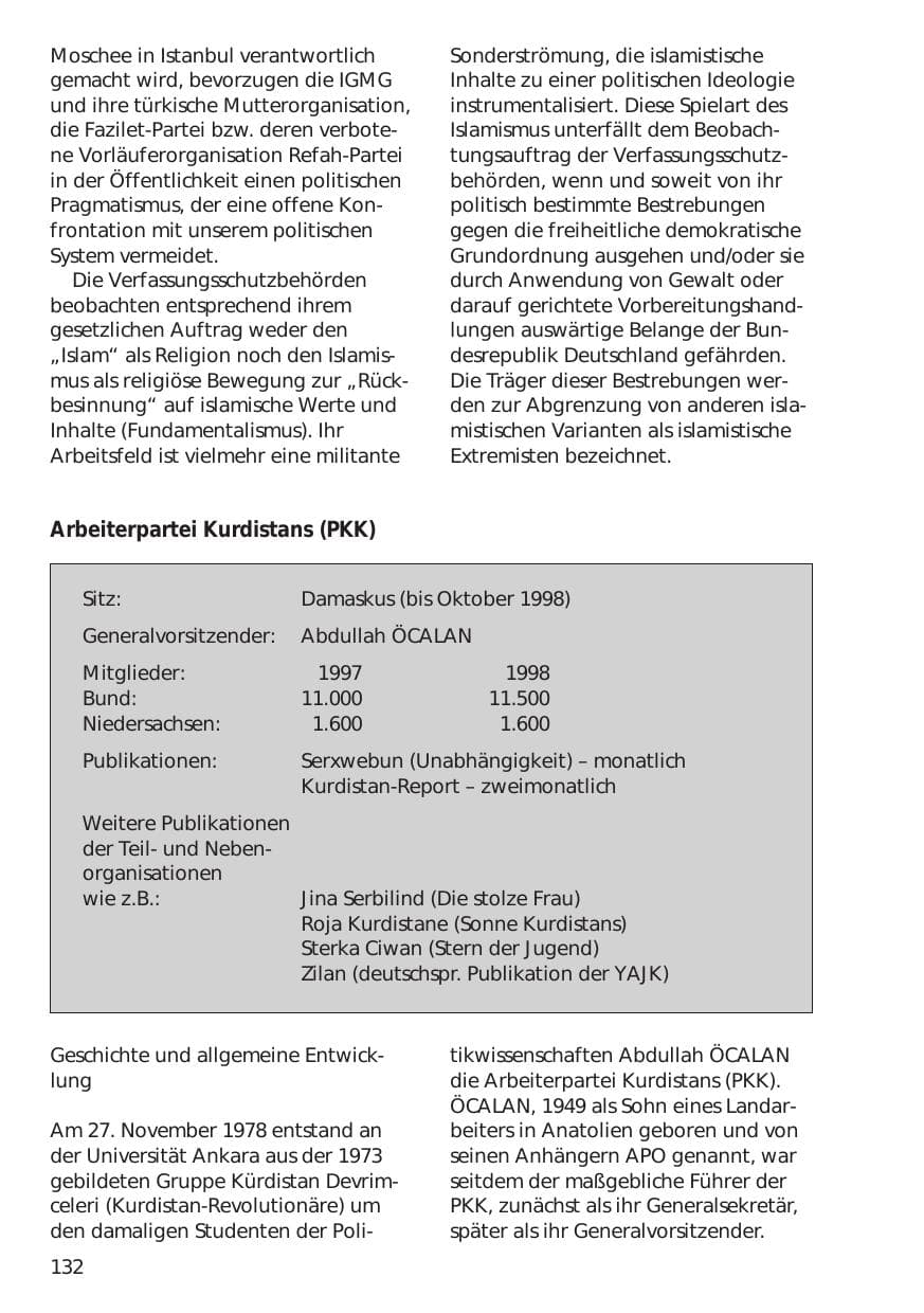 Seite 132 des Verfassungsschutzbericht 1998 Niedersachsen