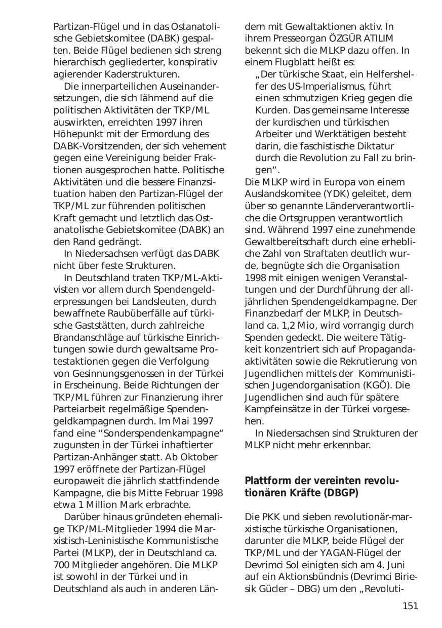 Seite 151 des Verfassungsschutzbericht 1998 Niedersachsen