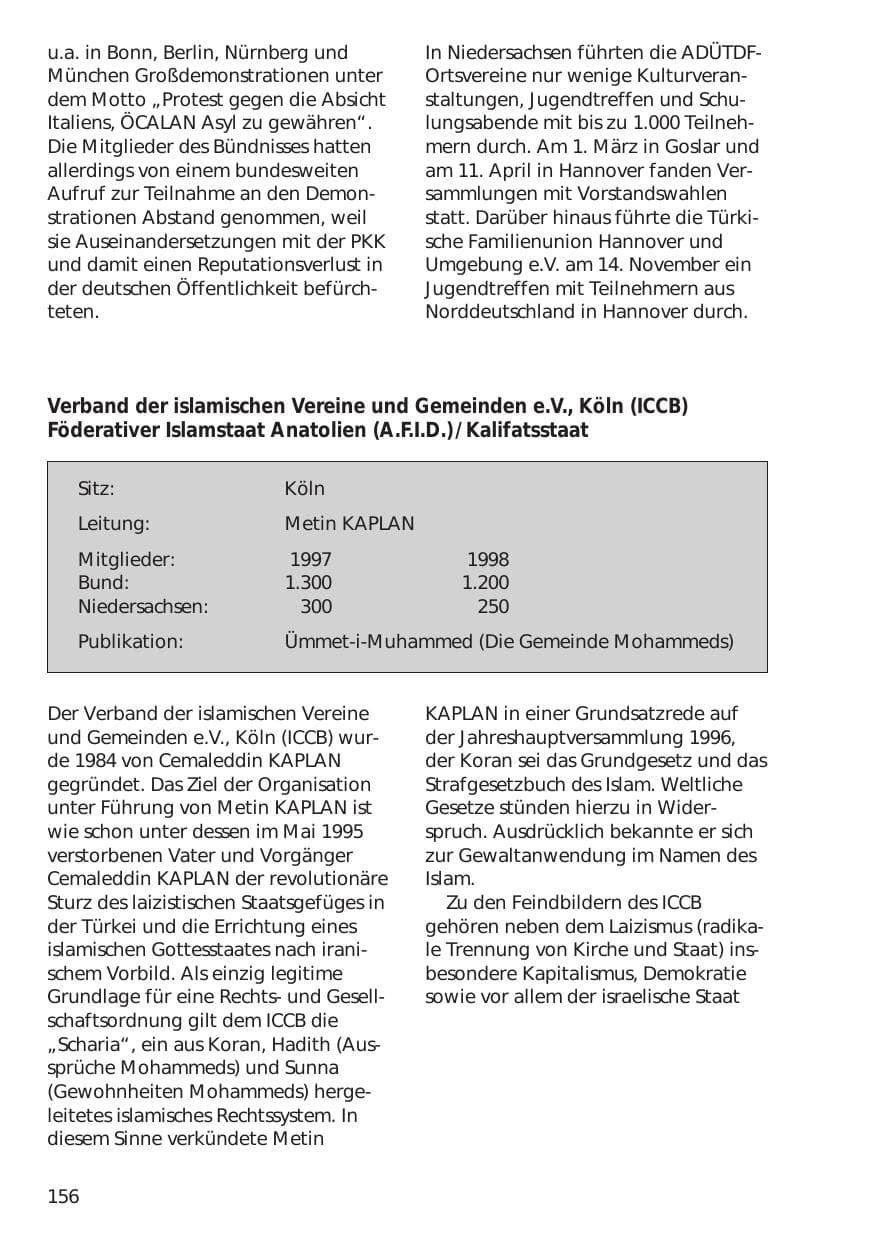 Seite 156 des Verfassungsschutzbericht 1998 Niedersachsen