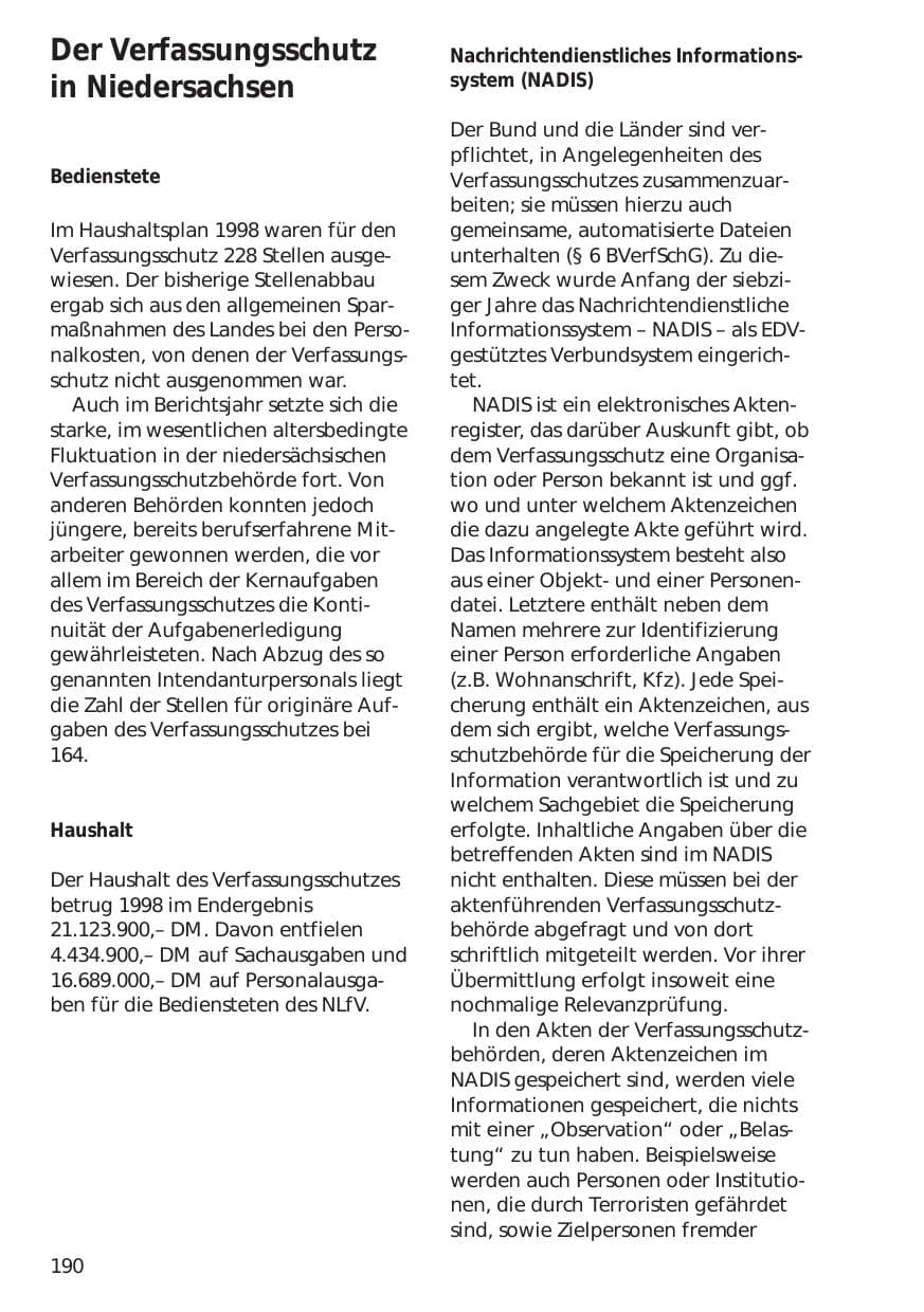Seite 190 des Verfassungsschutzbericht 1998 Niedersachsen