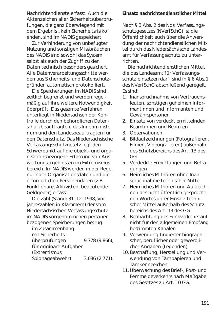 Seite 191 des Verfassungsschutzbericht 1998 Niedersachsen
