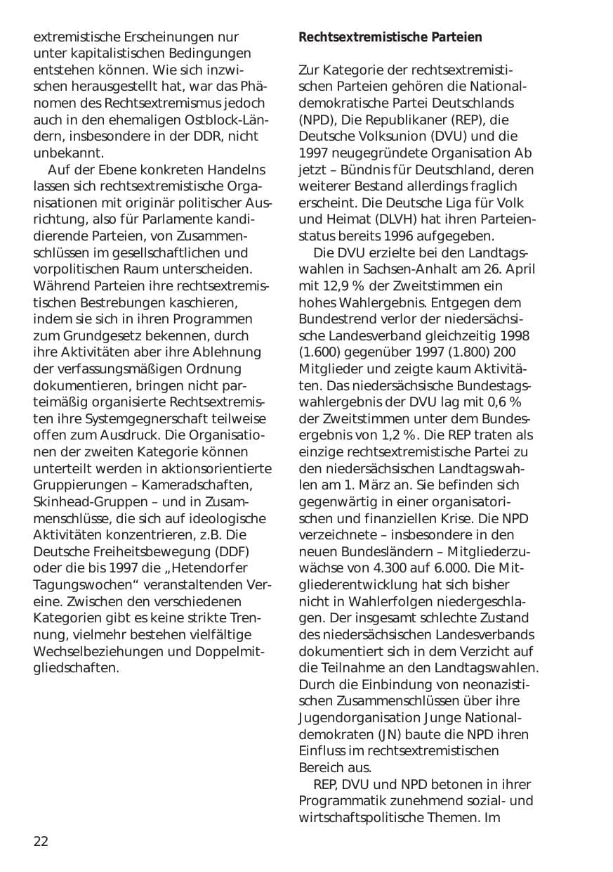 Seite 22 des Verfassungsschutzbericht 1998 Niedersachsen