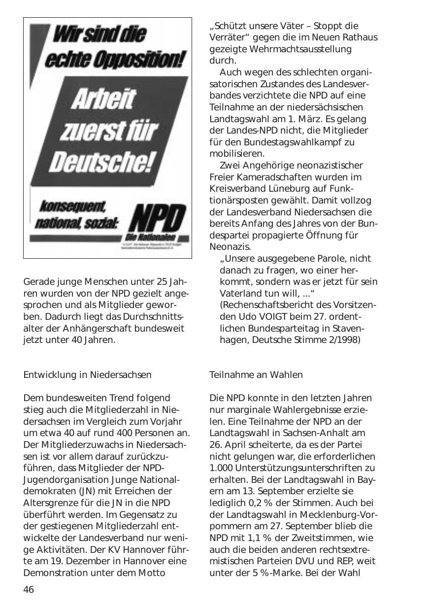 Seite 46 des Verfassungsschutzbericht 1998 Niedersachsen
