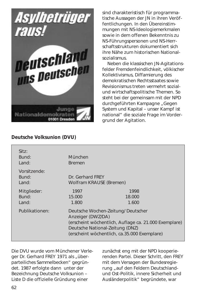 Seite 62 des Verfassungsschutzbericht 1998 Niedersachsen