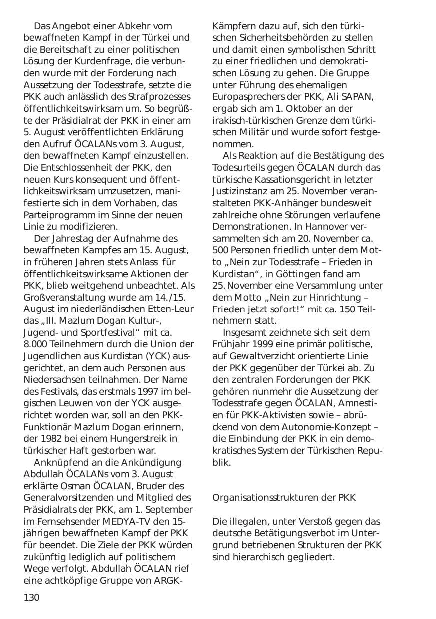 Seite 130 des Verfassungsschutzbericht 1999 Niedersachsen
