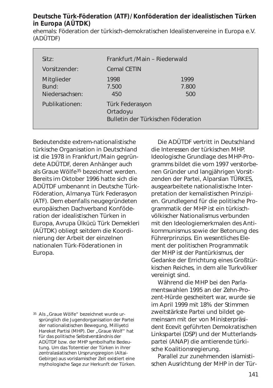 Seite 141 des Verfassungsschutzbericht 1999 Niedersachsen