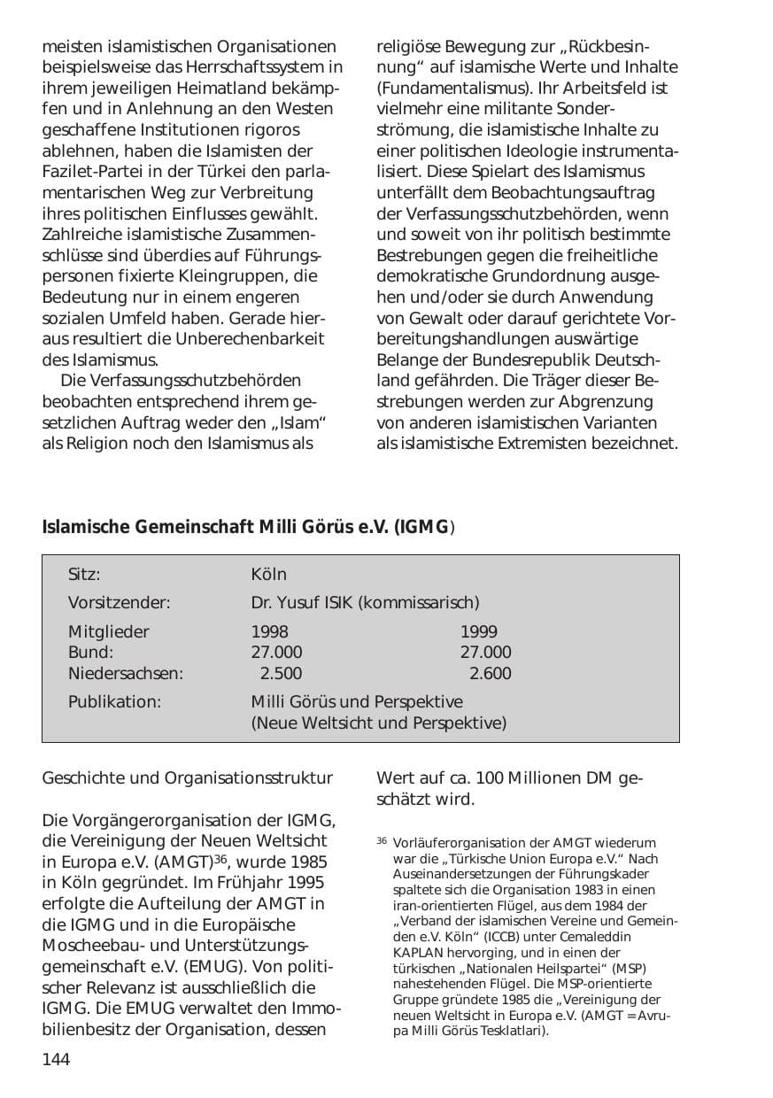 Seite 144 des Verfassungsschutzbericht 1999 Niedersachsen