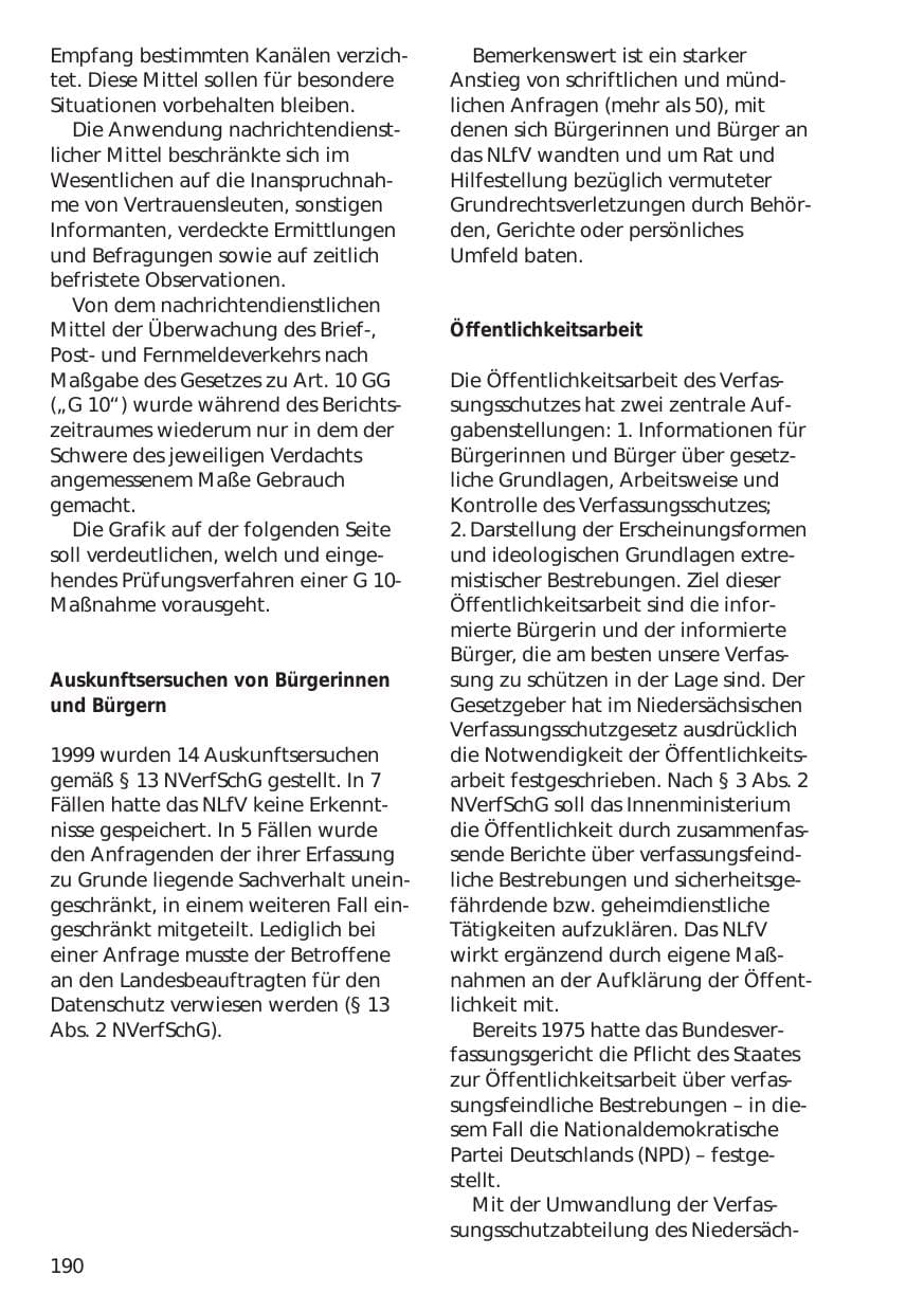 Seite 190 des Verfassungsschutzbericht 1999 Niedersachsen