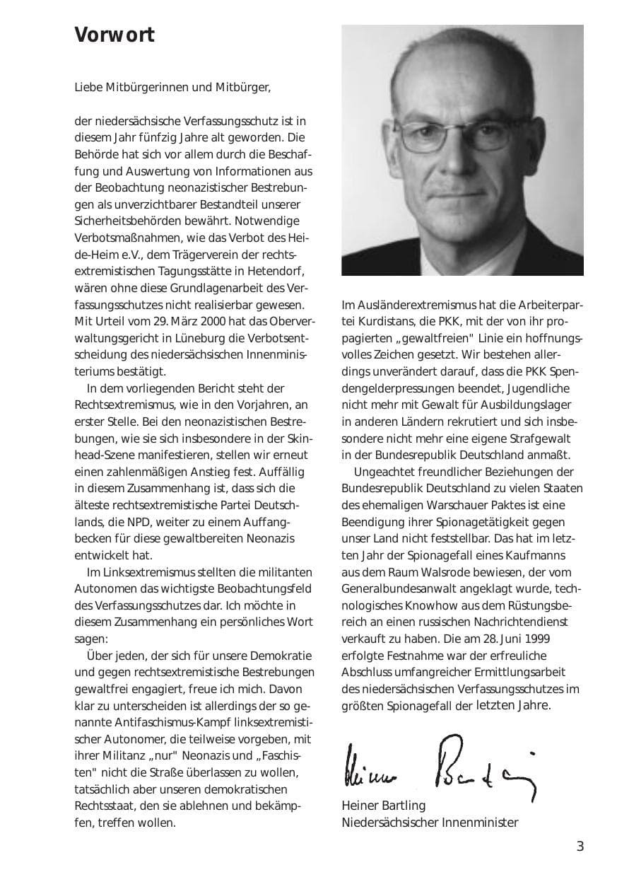 Seite 3 des Verfassungsschutzbericht 1999 Niedersachsen