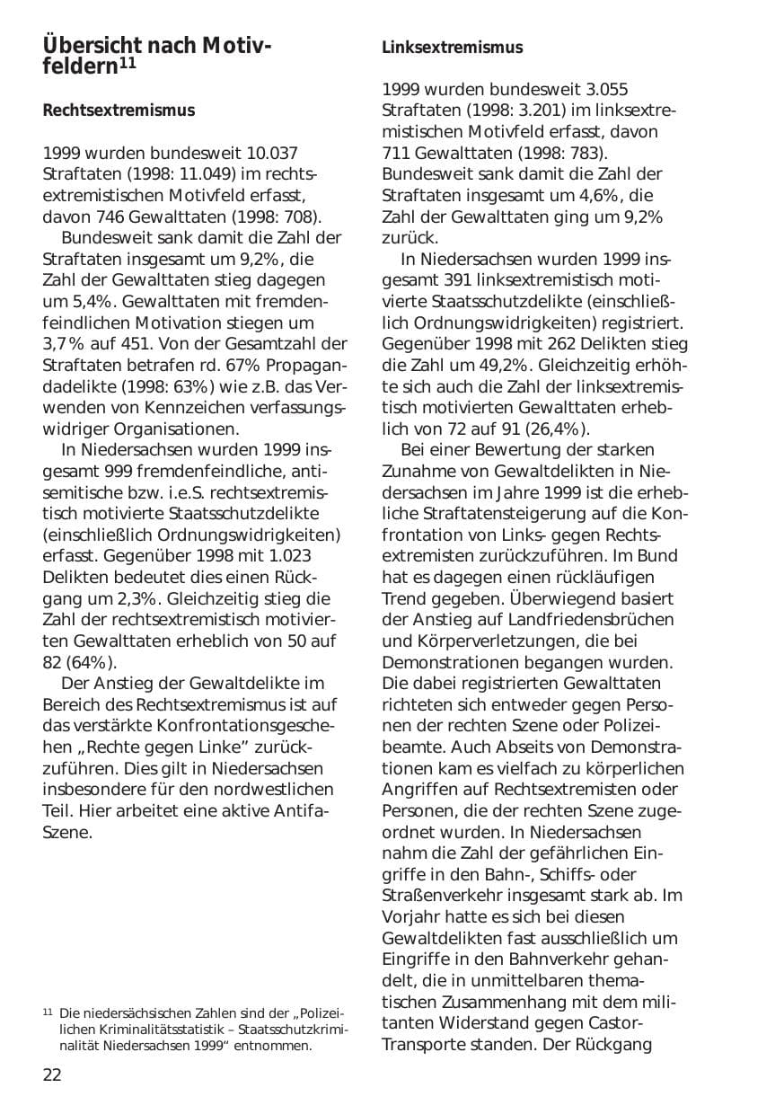 Seite 22 des Verfassungsschutzbericht 1999 Niedersachsen