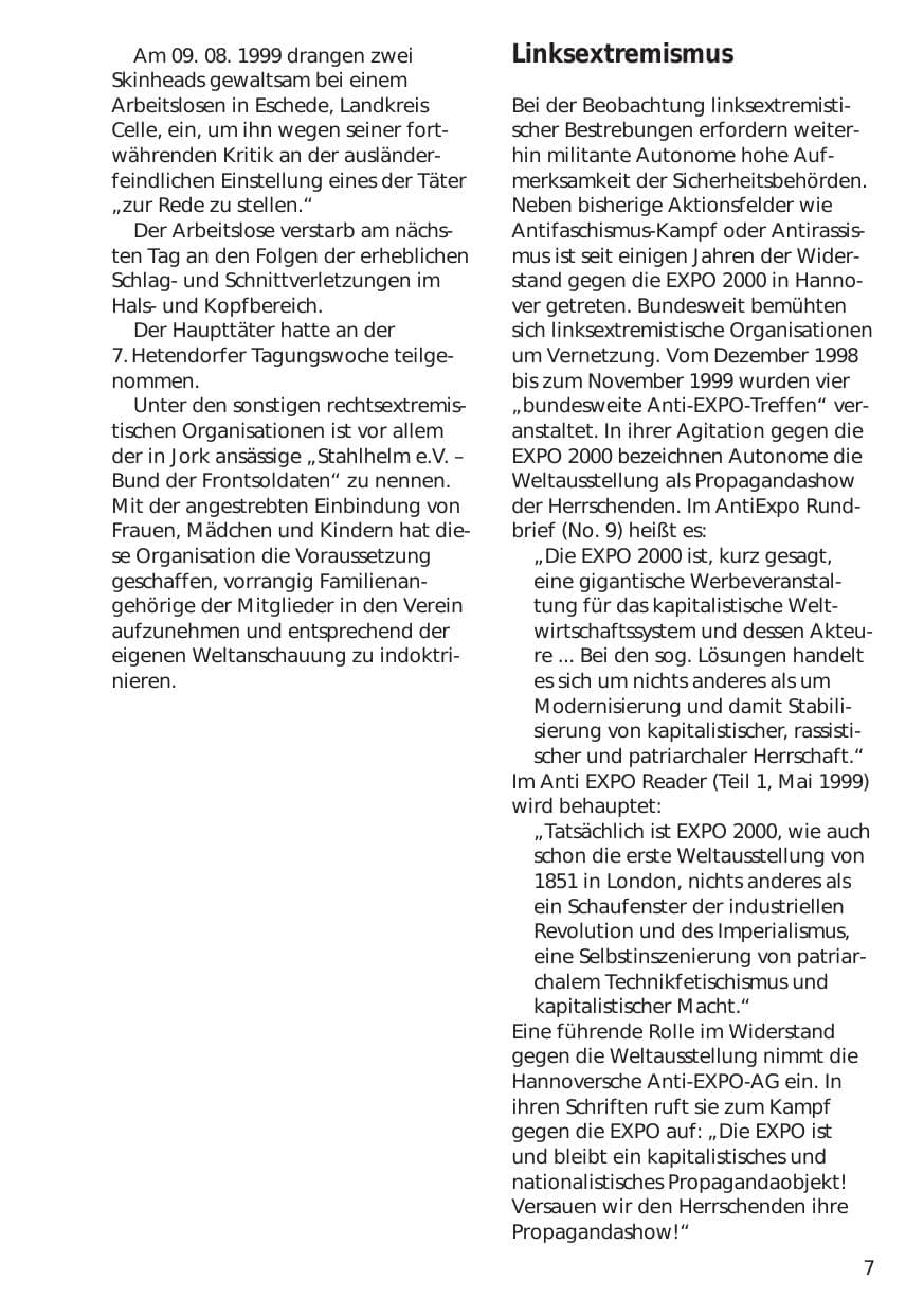 Seite 7 des Verfassungsschutzbericht 1999 Niedersachsen