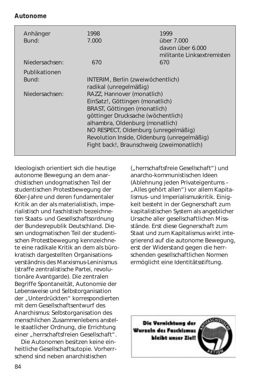 Seite 84 des Verfassungsschutzbericht 1999 Niedersachsen