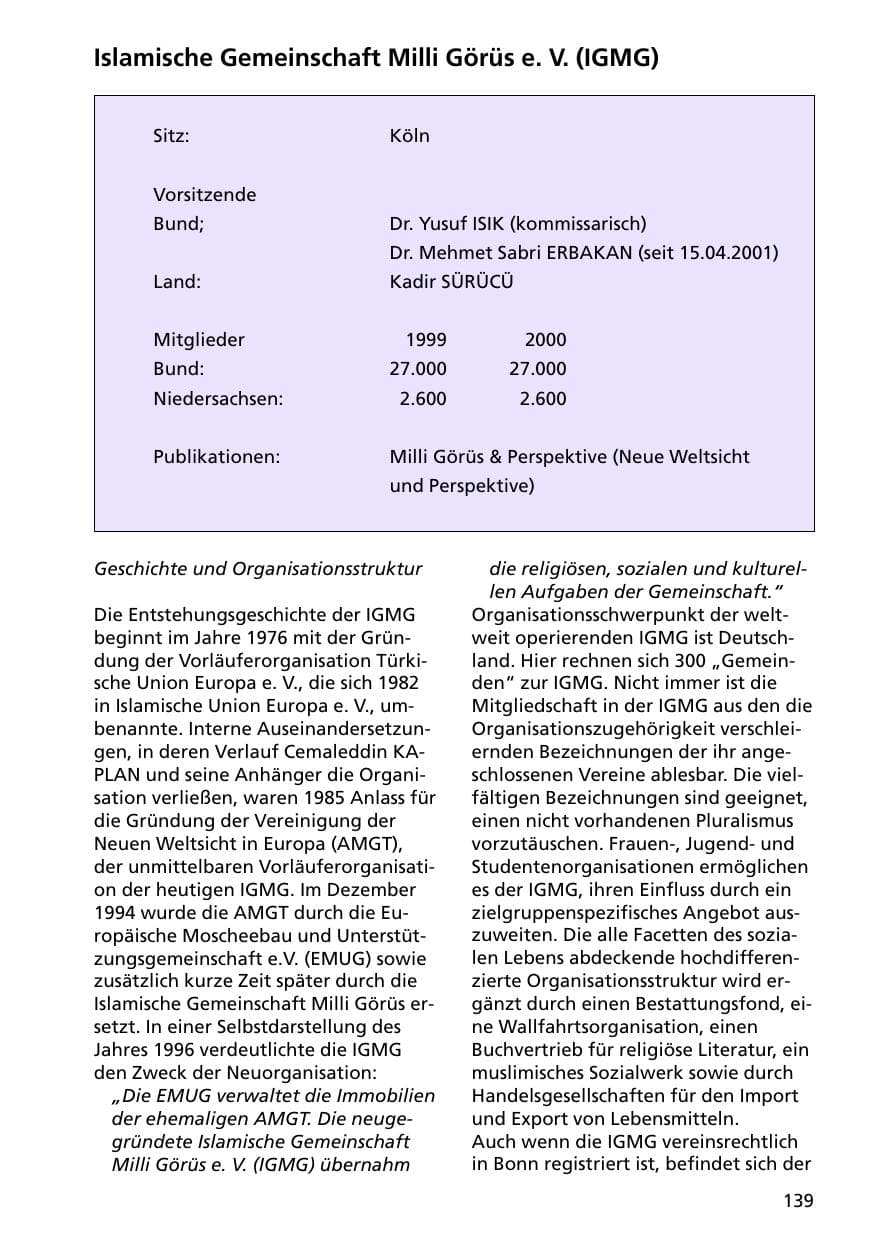 Seite 139 des Verfassungsschutzbericht 2000 Niedersachsen