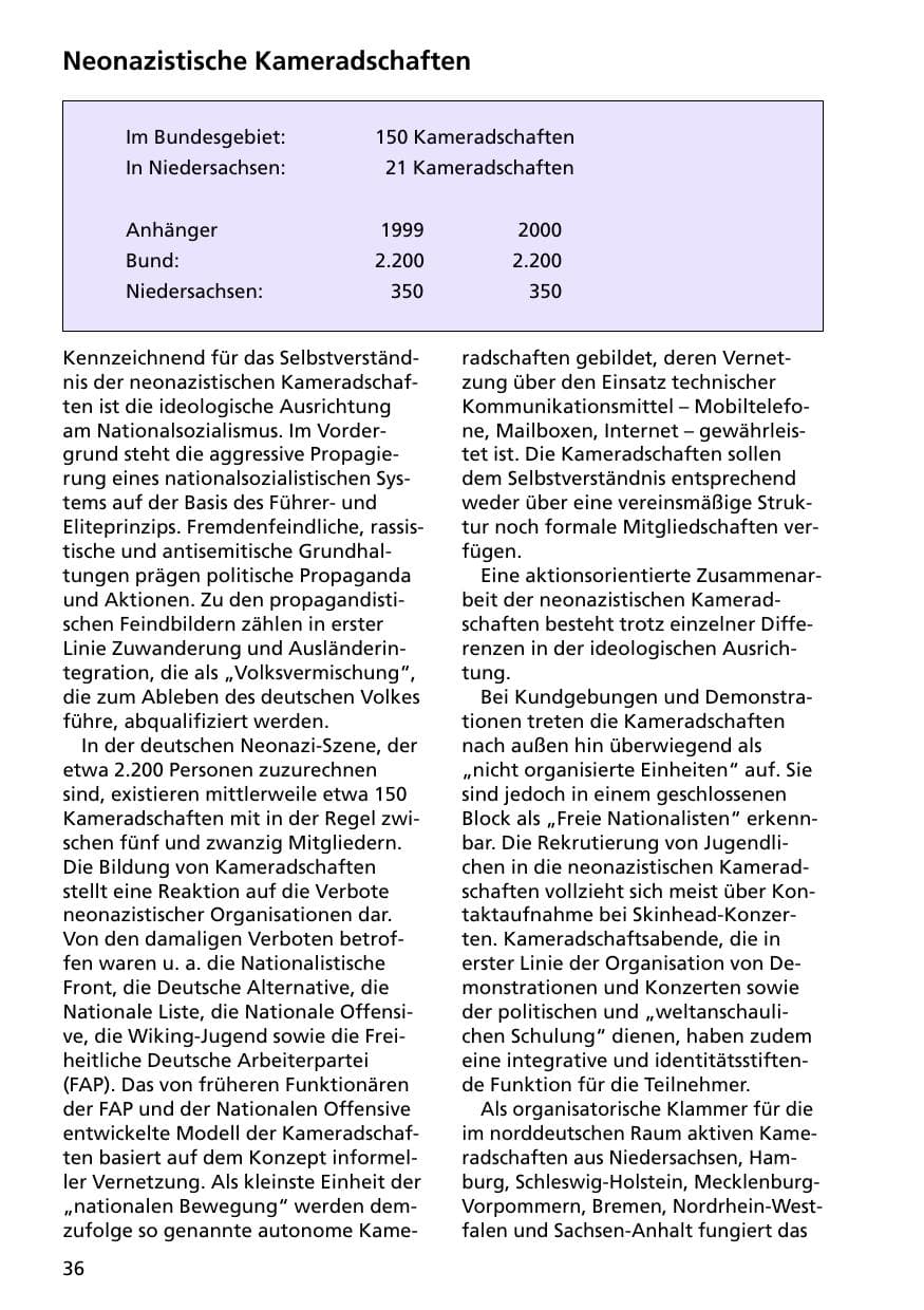 Seite 36 des Verfassungsschutzbericht 2000 Niedersachsen