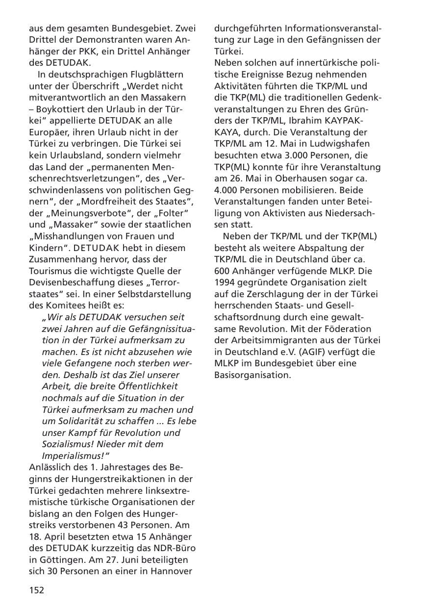 Seite 153 des Verfassungsschutzbericht 2001 Niedersachsen