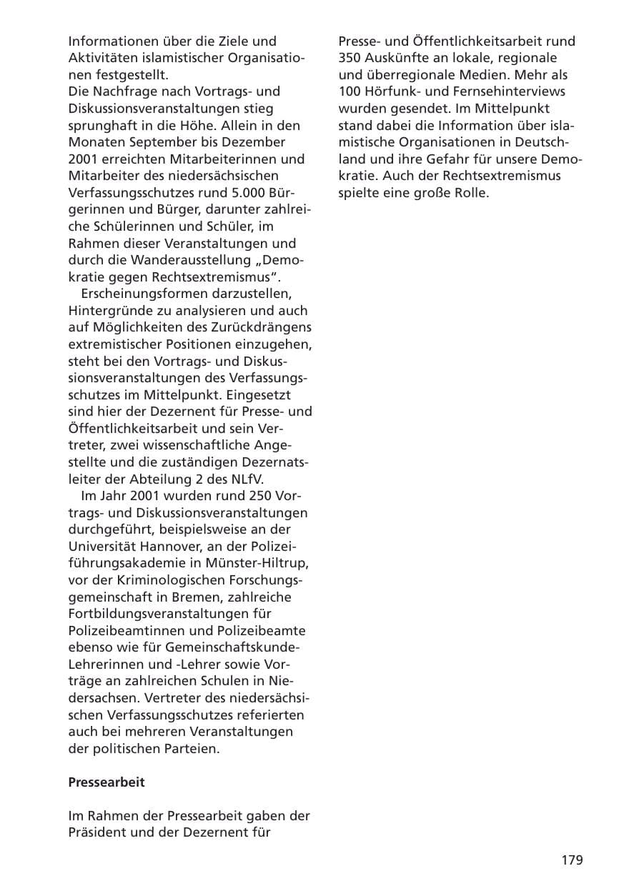 Seite 180 des Verfassungsschutzbericht 2001 Niedersachsen