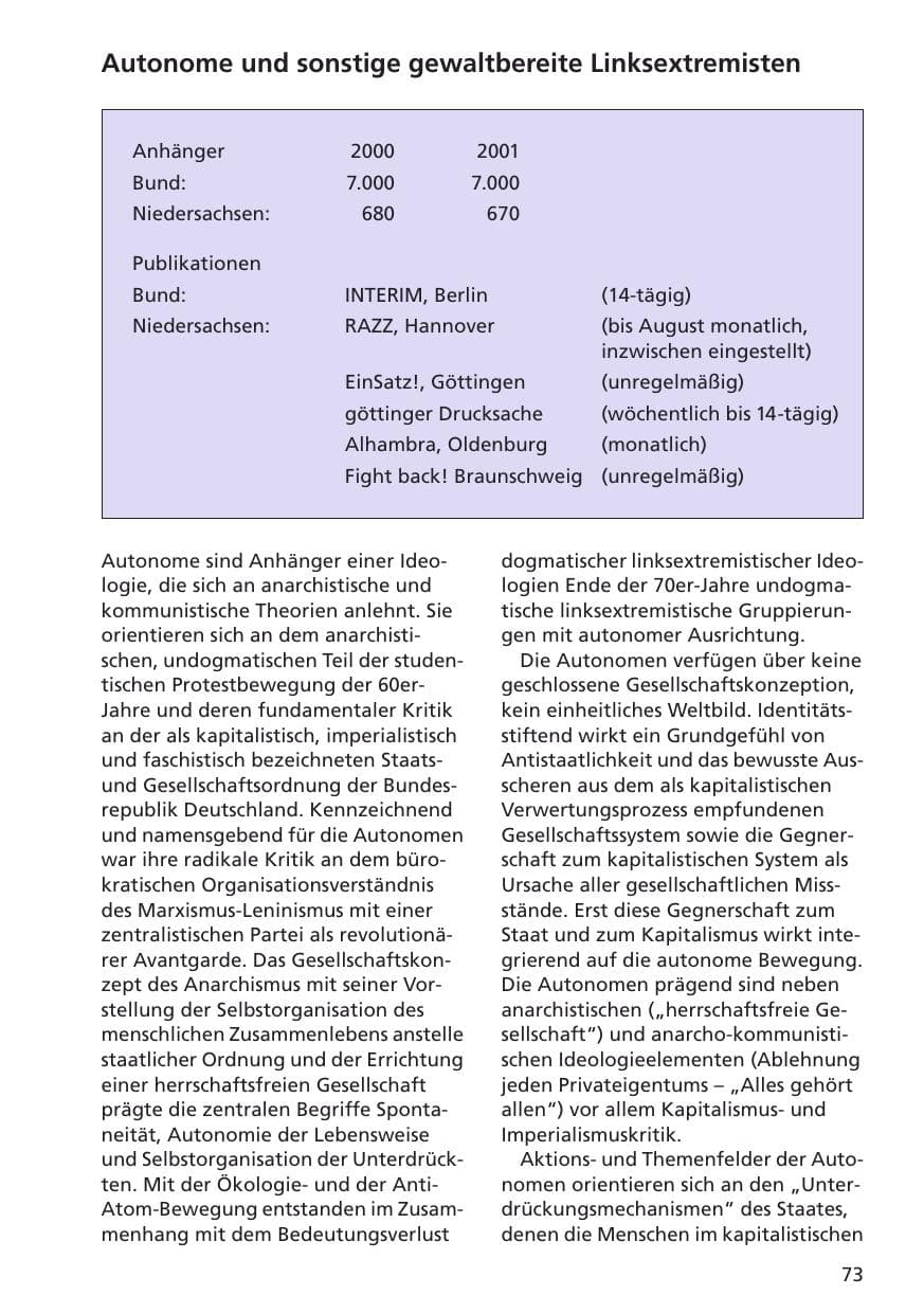 Seite 74 des Verfassungsschutzbericht 2001 Niedersachsen