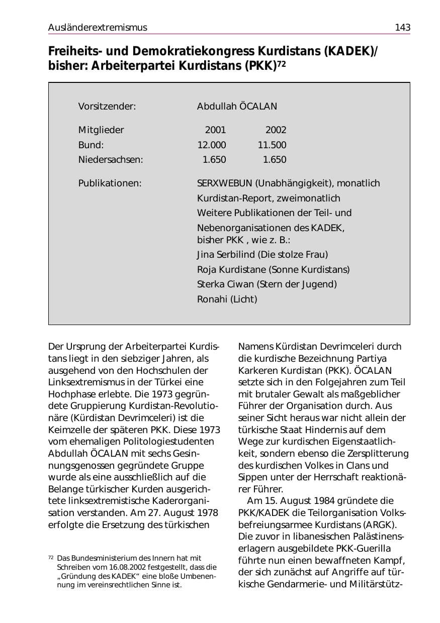 Seite 145 des Verfassungsschutzbericht 2002 Niedersachsen