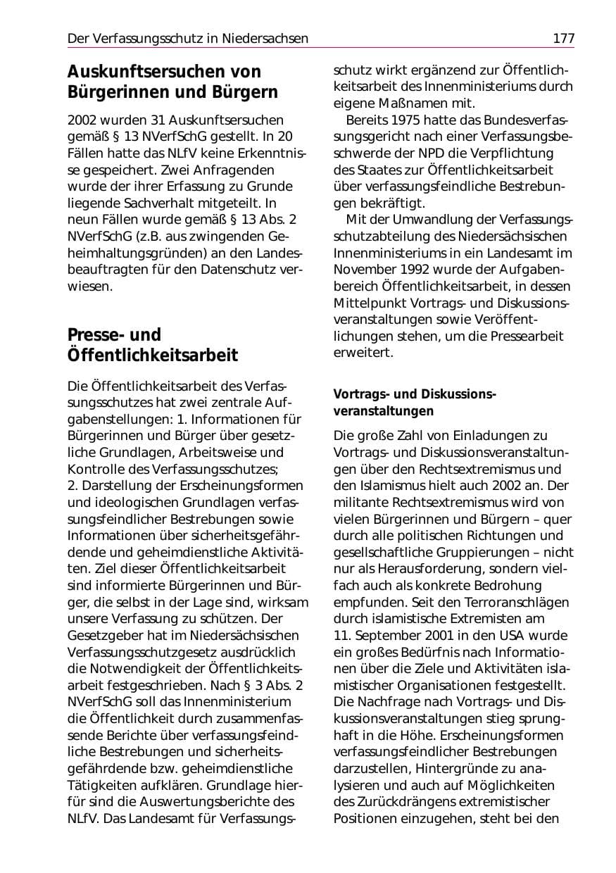 Seite 179 des Verfassungsschutzbericht 2002 Niedersachsen