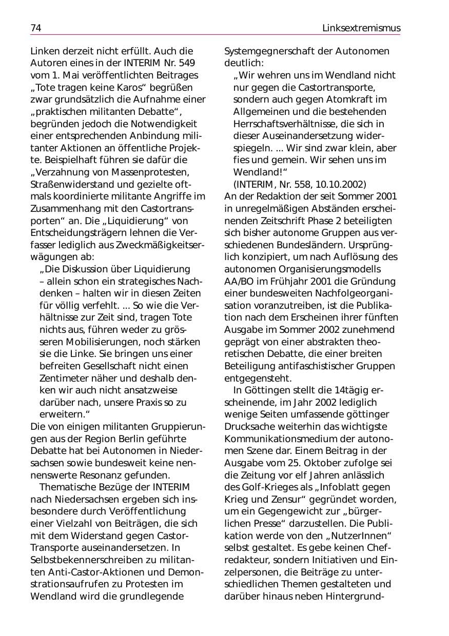 Seite 76 des Verfassungsschutzbericht 2002 Niedersachsen