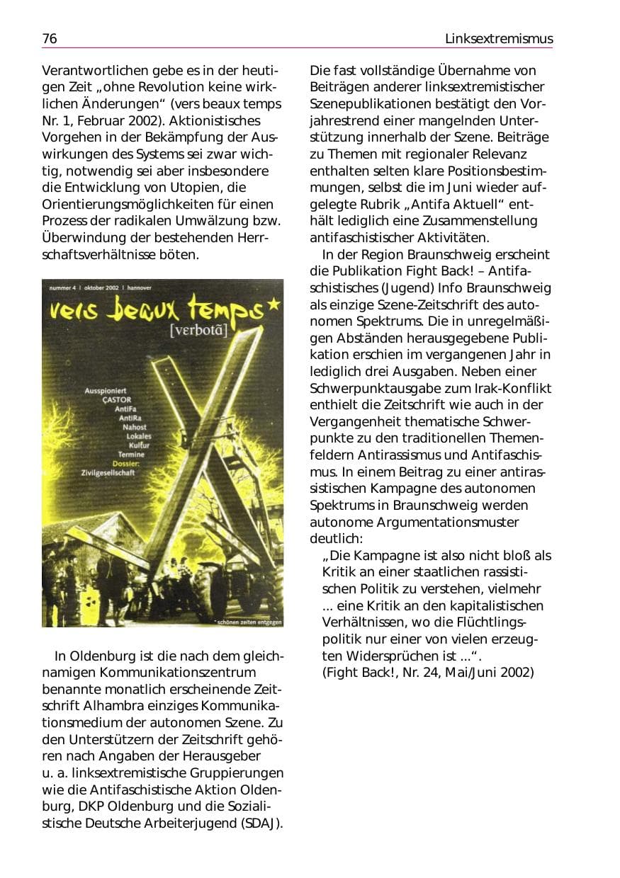 Seite 78 des Verfassungsschutzbericht 2002 Niedersachsen