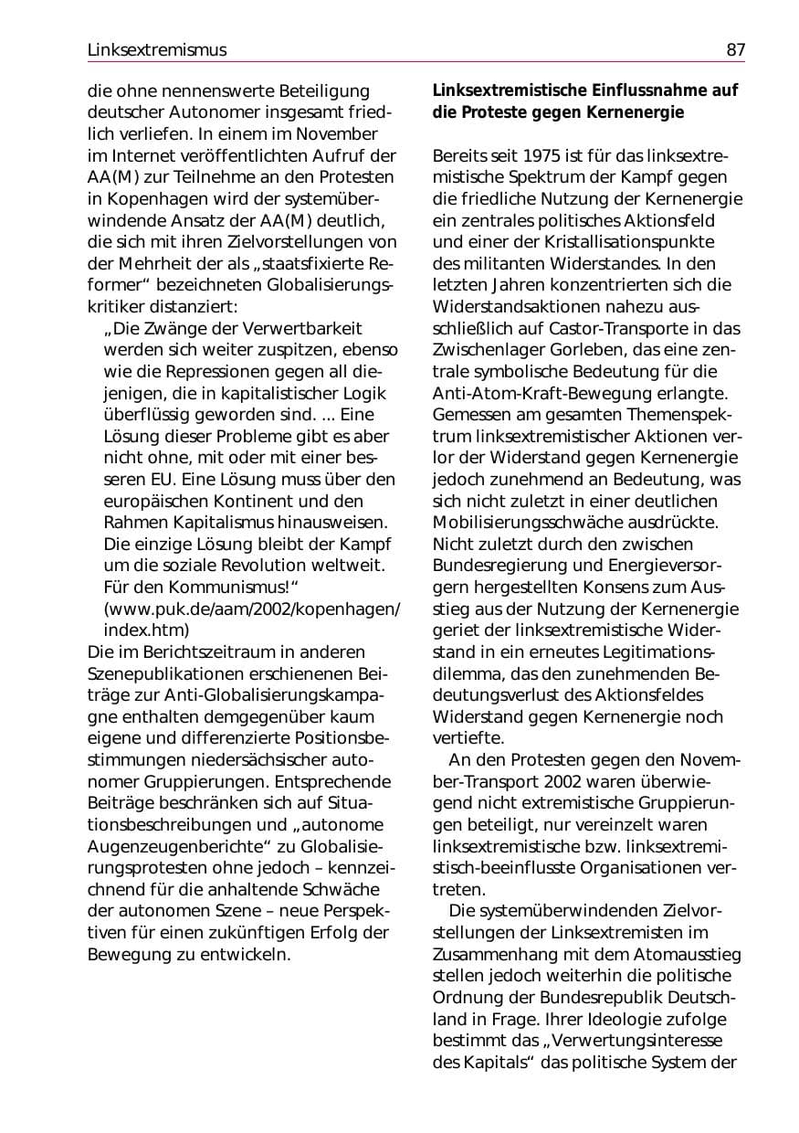 Seite 89 des Verfassungsschutzbericht 2002 Niedersachsen
