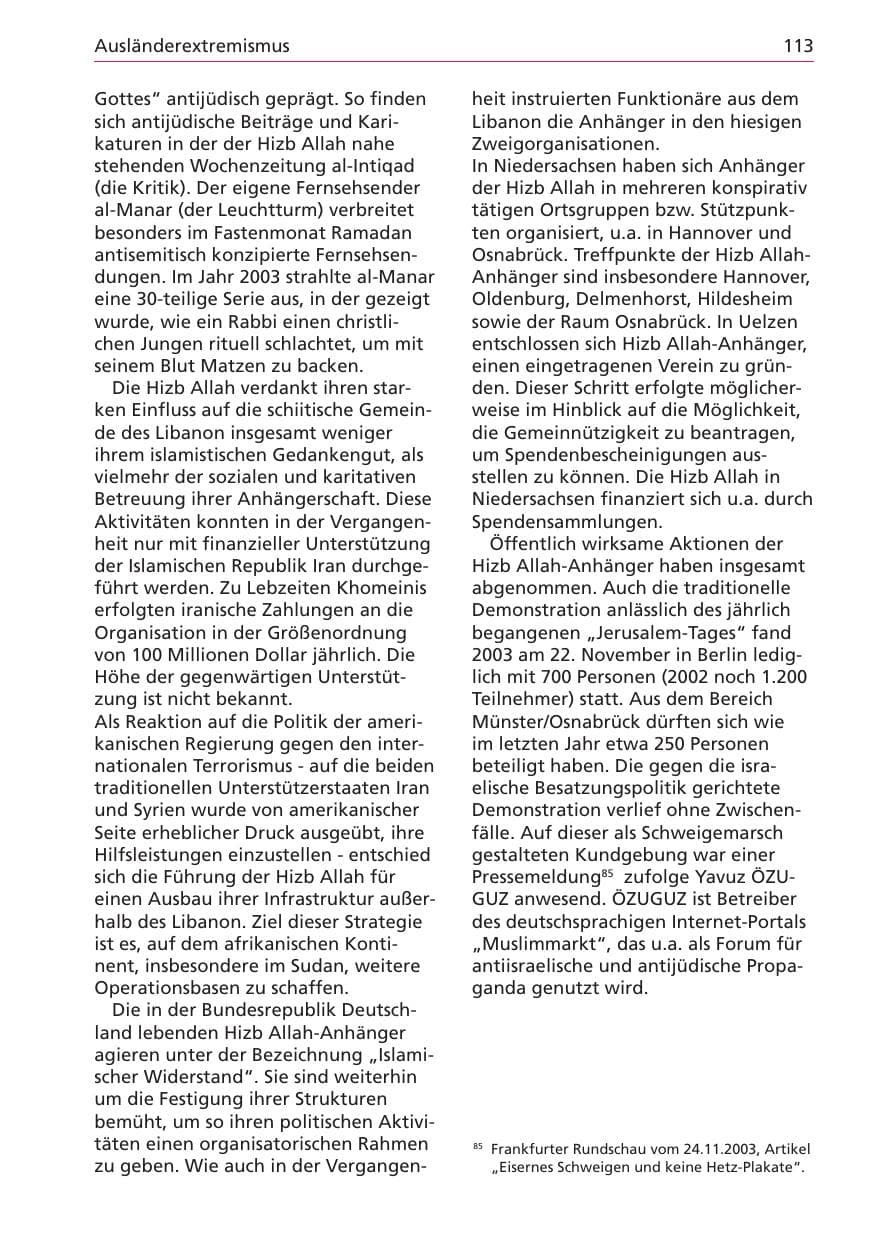 Seite 113 des Verfassungsschutzbericht 2003 Niedersachsen