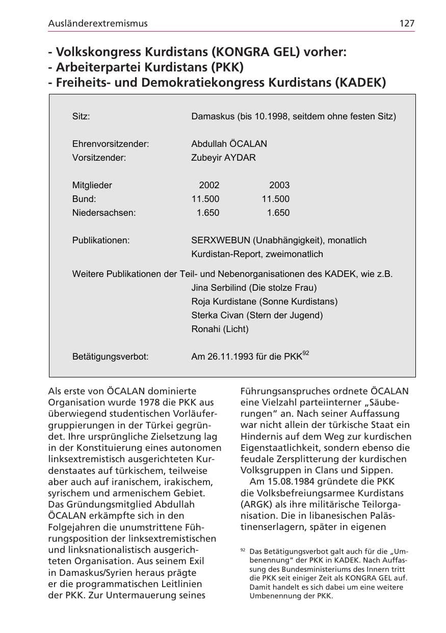 Seite 127 des Verfassungsschutzbericht 2003 Niedersachsen