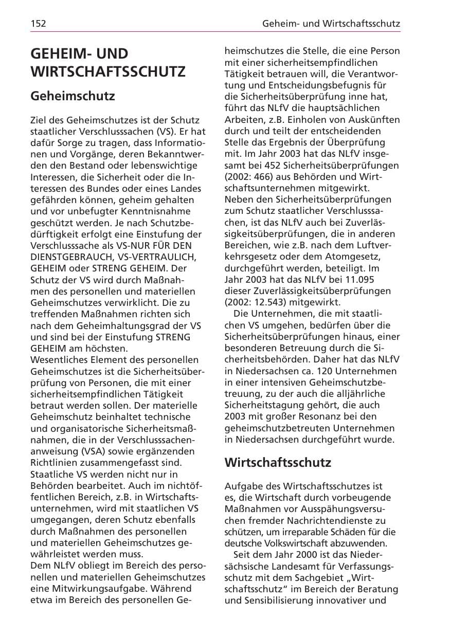 Seite 152 des Verfassungsschutzbericht 2003 Niedersachsen
