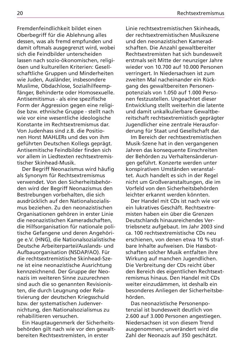 Seite 20 des Verfassungsschutzbericht 2003 Niedersachsen