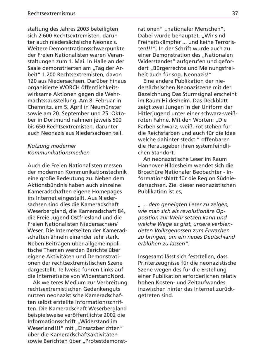Seite 37 des Verfassungsschutzbericht 2003 Niedersachsen
