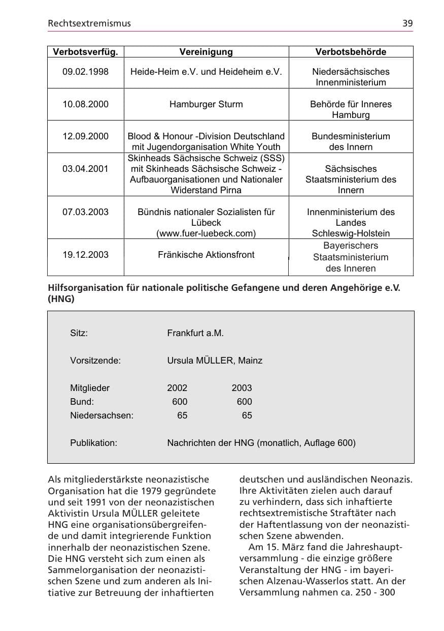 Seite 39 des Verfassungsschutzbericht 2003 Niedersachsen