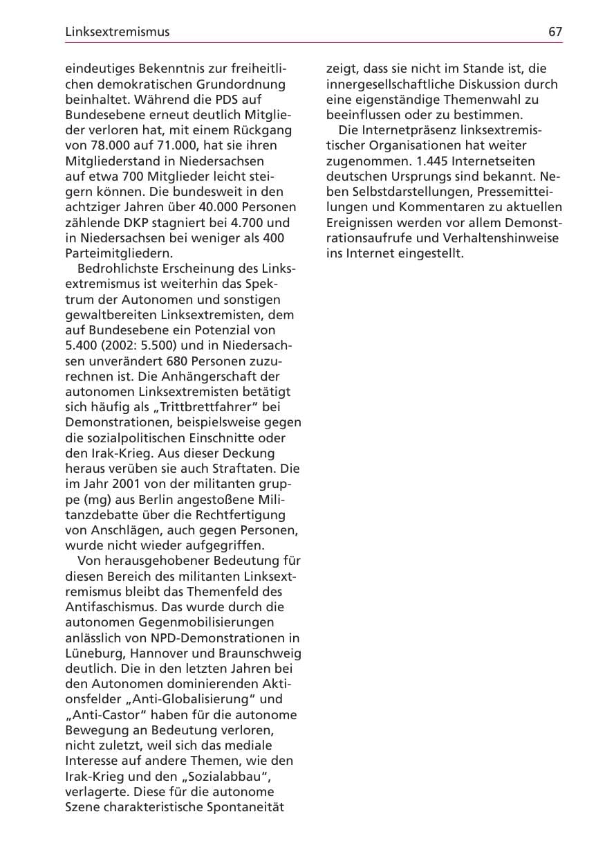 Seite 67 des Verfassungsschutzbericht 2003 Niedersachsen