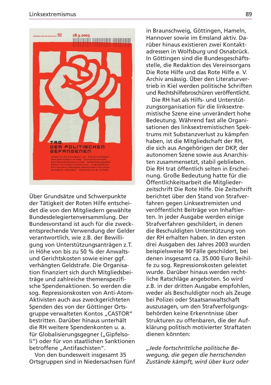 Seite 89 des Verfassungsschutzbericht 2003 Niedersachsen