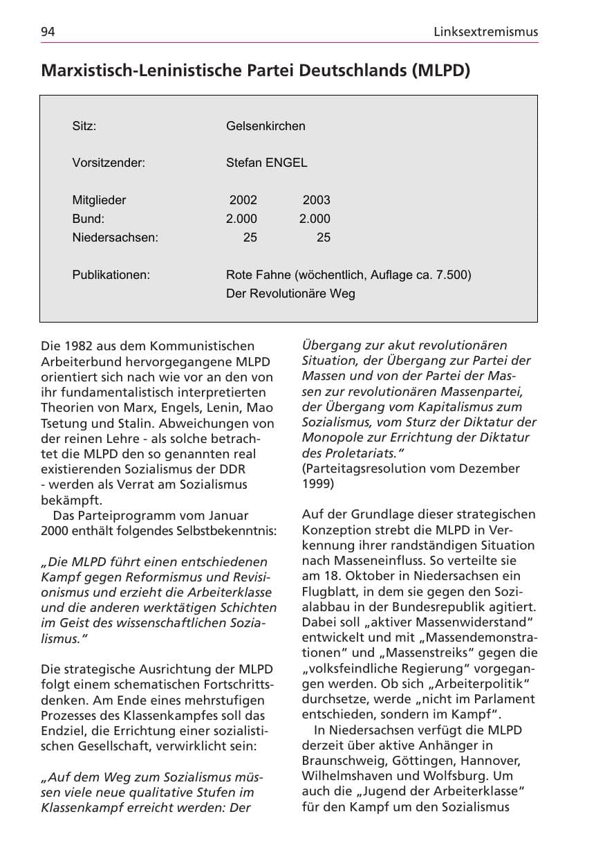 Seite 94 des Verfassungsschutzbericht 2003 Niedersachsen