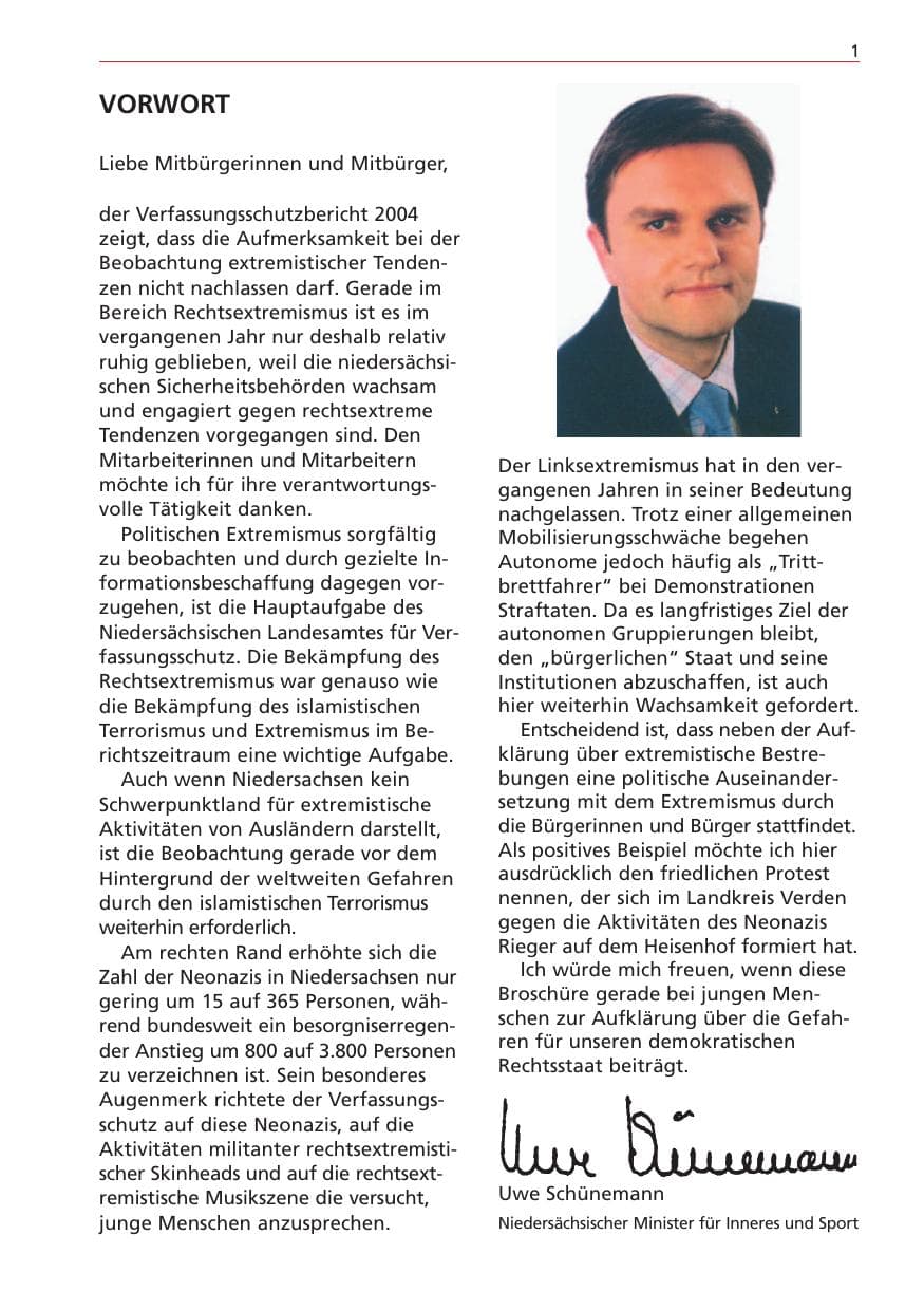 Seite 1 des Verfassungsschutzbericht 2004 Niedersachsen
