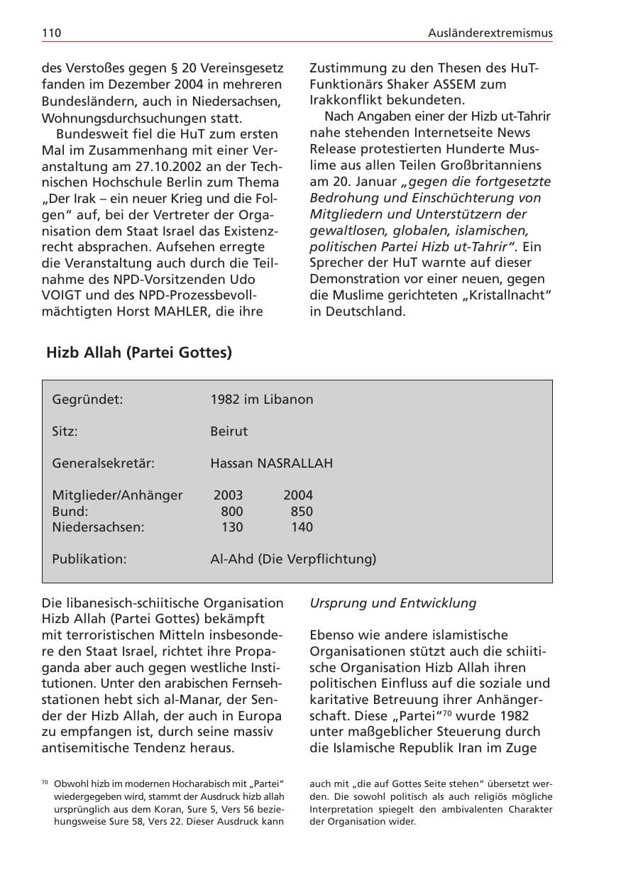 Seite 110 des Verfassungsschutzbericht 2004 Niedersachsen