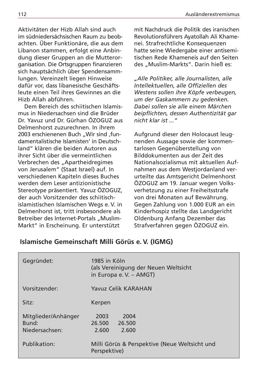 Seite 112 des Verfassungsschutzbericht 2004 Niedersachsen