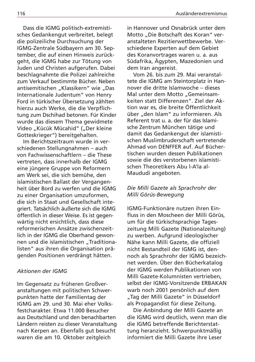 Seite 116 des Verfassungsschutzbericht 2004 Niedersachsen