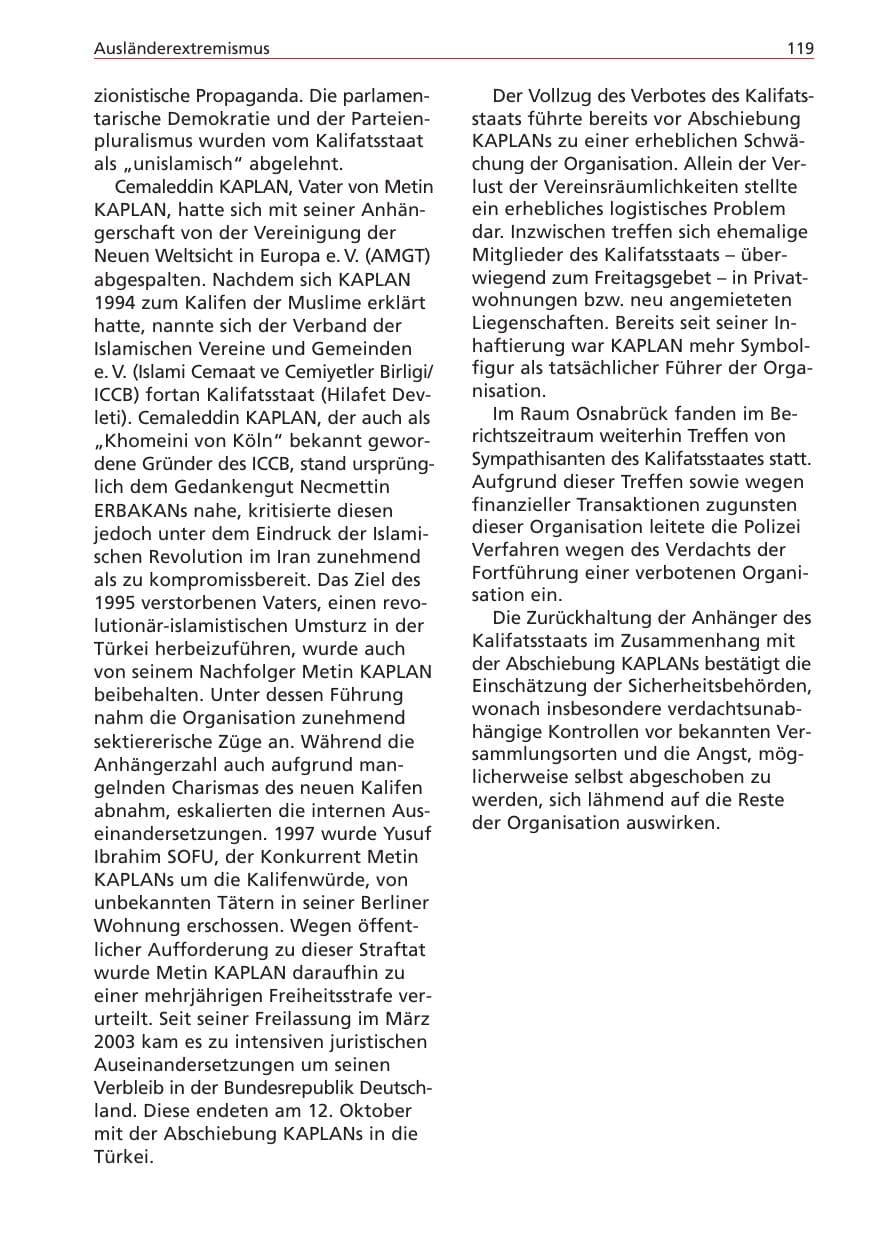 Seite 119 des Verfassungsschutzbericht 2004 Niedersachsen