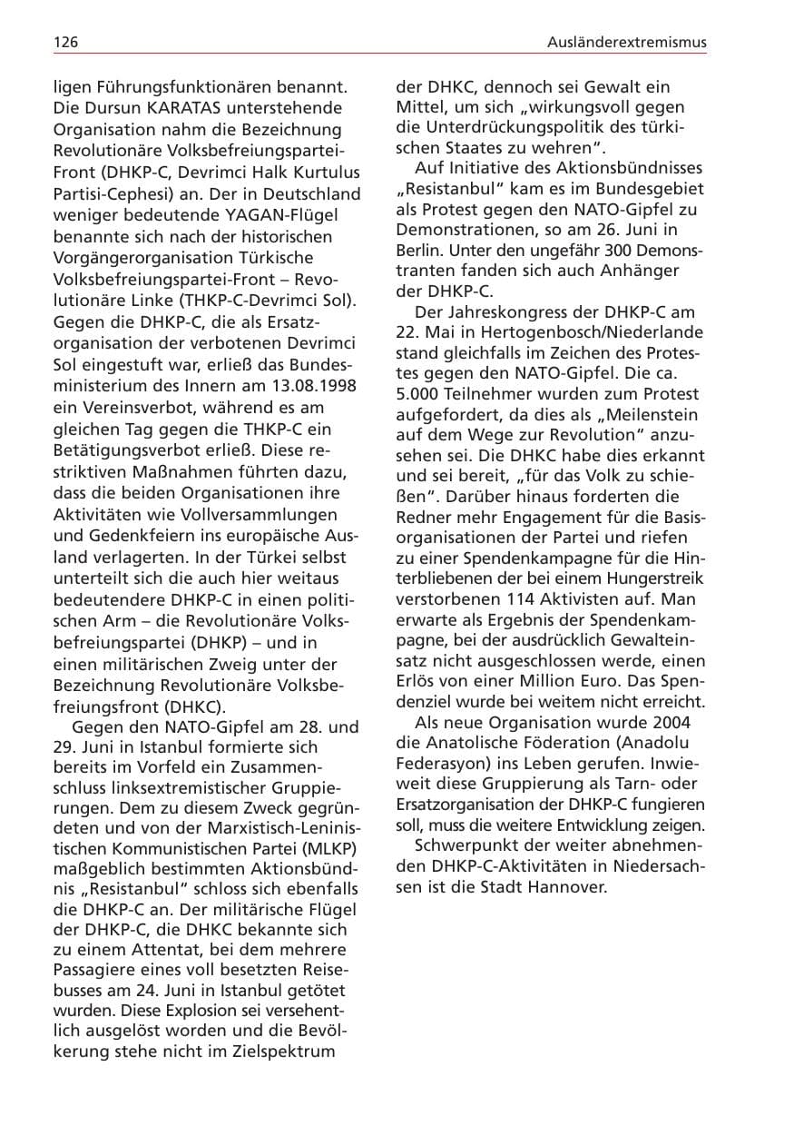 Seite 126 des Verfassungsschutzbericht 2004 Niedersachsen