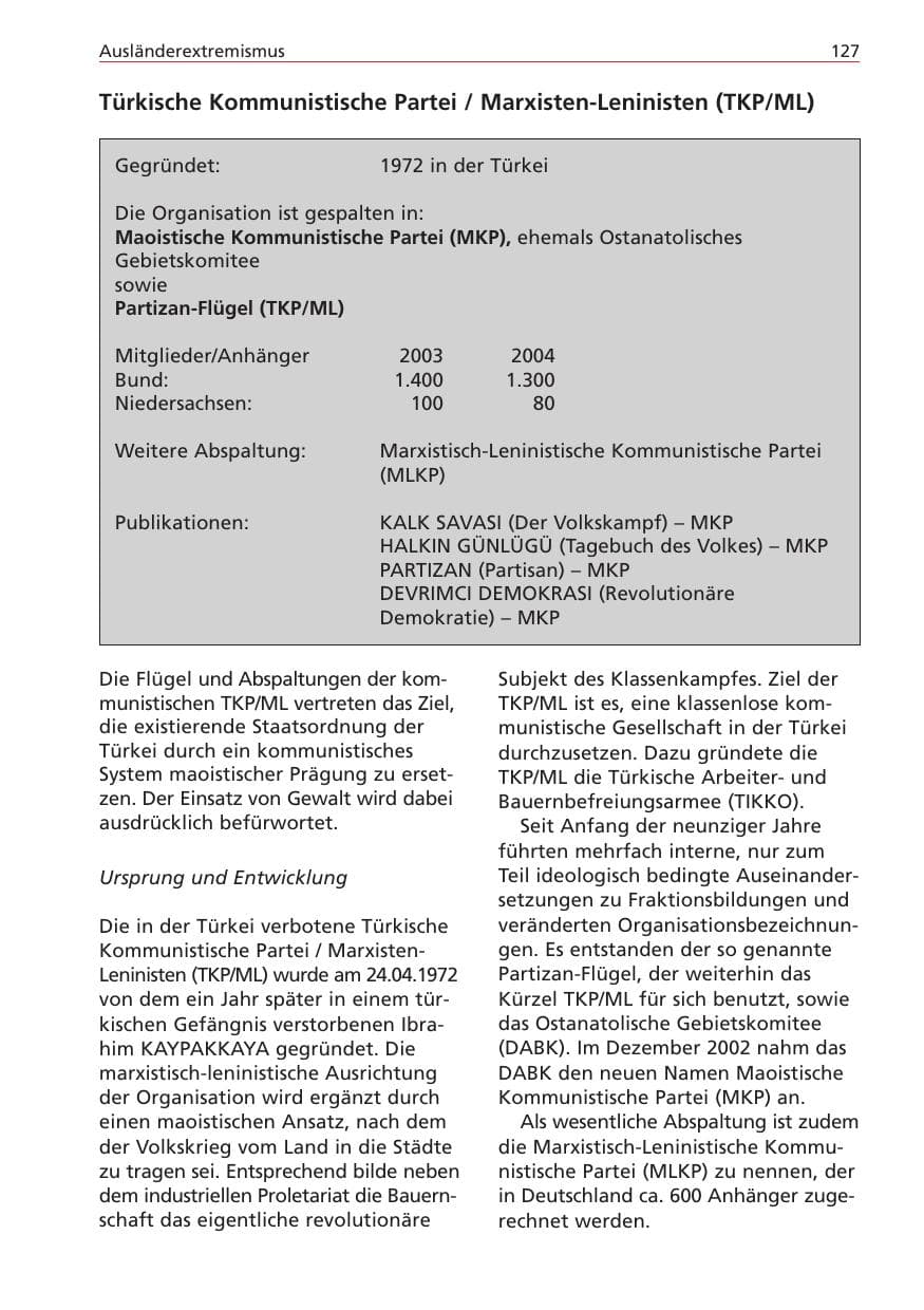 Seite 127 des Verfassungsschutzbericht 2004 Niedersachsen