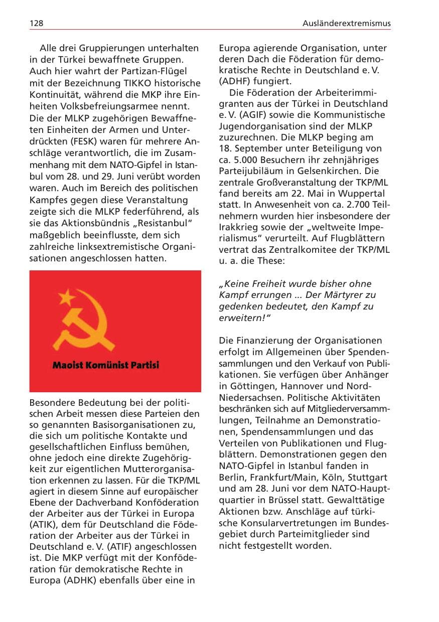 Seite 128 des Verfassungsschutzbericht 2004 Niedersachsen